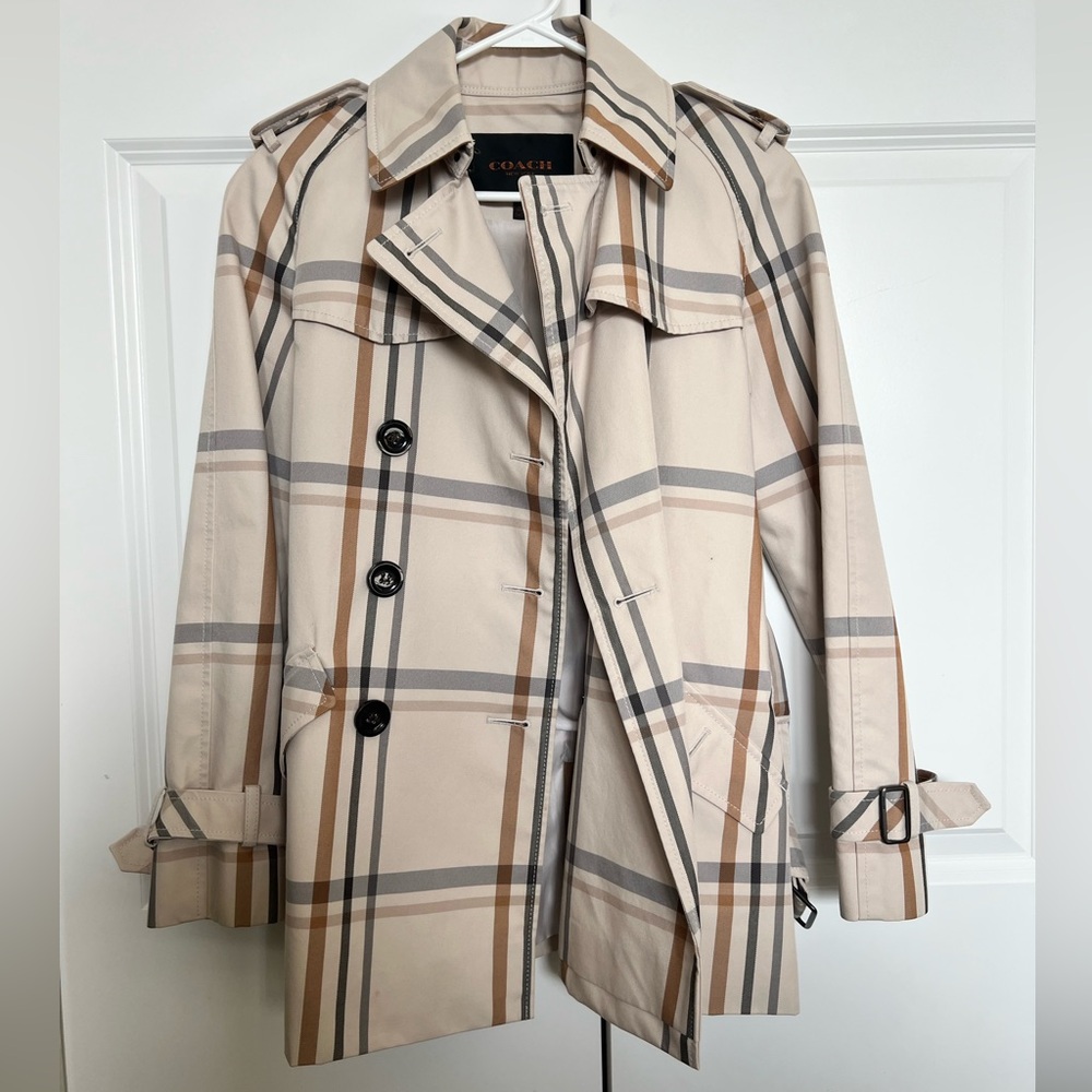 Coach Cream and Brown Plaid Jacket Trench Coat XXS